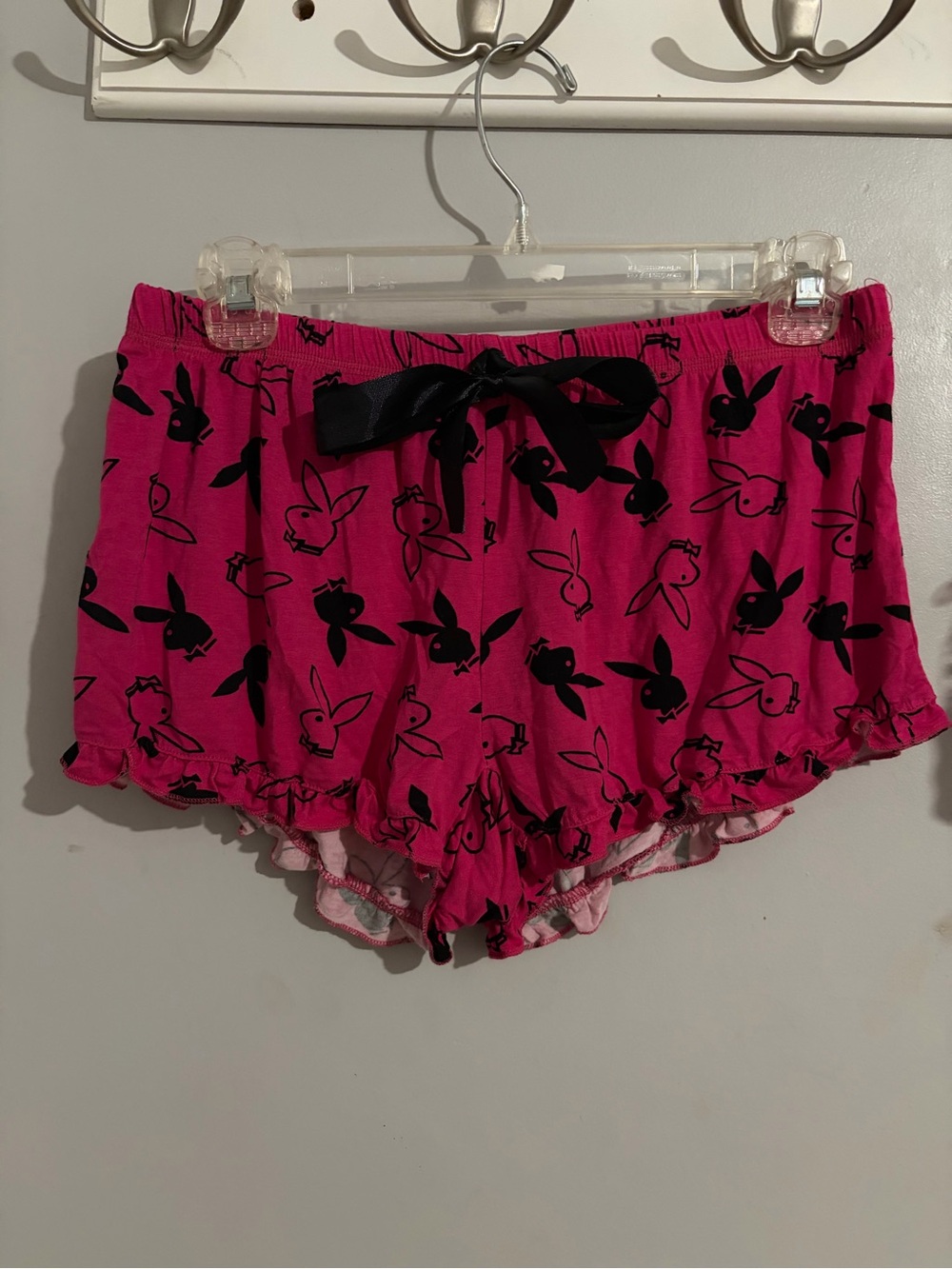 PLAYBOY Pink and Black Bunny-Print Ruffle Lounge Shorts